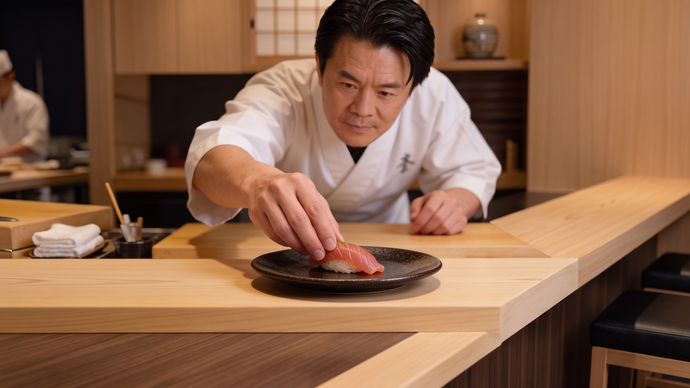 A sushi chef reaching across the hinoki counter to place a single piece of nigiri before a guest